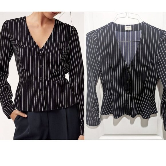 Aritzia Wilfred | Sabina Peplum Blouse in Navy Pinstripe - Picture 1 of 9